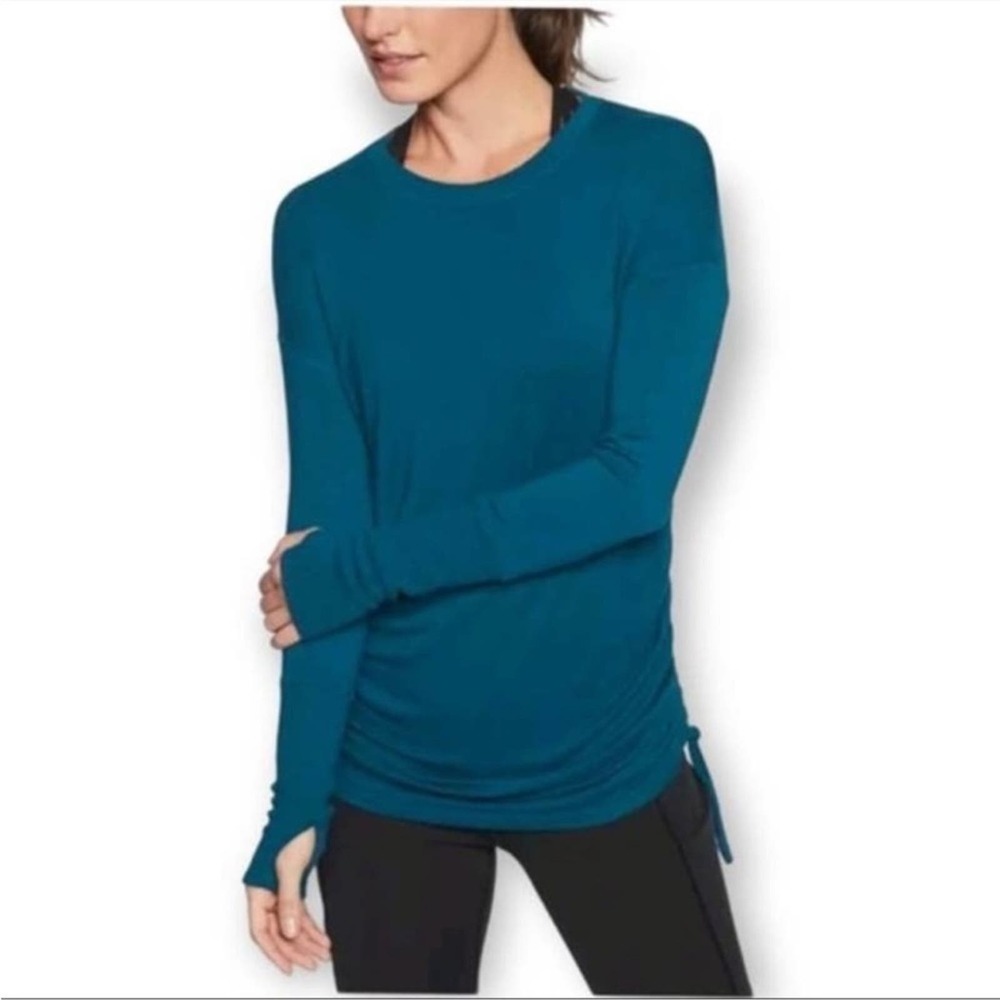 Athleta Drishti Ruched Sweatshirt Teal Pullover Modal thumb holes Sz S